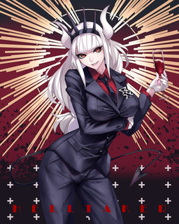 alcohol beverage big_breasts breasts clothed clothing container crossdressing cup drinking_glass female glass glass_container glass_cup gloves hair handwear horn long_hair markings mole_(marking) necktie not_furry occult_symbol red_eyes sigil sigil_of_lucifer simple_background solo spade_tail standing symbol tail tomboy white_hair white_horn wine wine_glass bansanv3 helltaker lucifer_(helltaker) horned_humanoid humanoid 4:5 hi_res portrait three-quarter_portrait