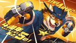 anthro brown_body brown_fur clothing cowboy_hat dual_wielding fur gun handgun hat headgear headwear holding_object holding_weapon male pistol ranged_weapon solo superhero text weapon takemoto_arashi lifewonders live_a_hero barrel_(live_a_hero) canid canine canis mammal wolf english_text japanese_text