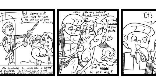 armor banana breasts chainmail comic_panel door duo eating female food fruit hell horn humor kick male male/female melee_weapon not_furry paladin pasties plant shield simple_background smearing sword text weapon white_background happy_harvey demon human humanoid mammal succubus black_and_white english_text monochrome
