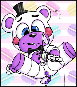 anal anal_beads anal_penetration anthro anus balls bite biting_lip biting_own_lip black_border blush bodily_fluids border bow_tie clothing genital_fluids genitals hat headgear headwear holding_object holding_sex_toy holding_vibrator humanoid_genitalia humanoid_penis machine male nervous nude object_in_ass penetration penis self_bite sex_toy sex_toy_in_ass sex_toy_insertion solo spread_legs spreading tail teeth top_hat vibrator wand_vibrator white_body young conditional_dnp muffinlewds five_nights_at_freddy's freddy_fazbear's_pizzeria_simulator scottgames helpy_(fnaf) animatronic bear mammal robot digital_media_(artwork) hi_res