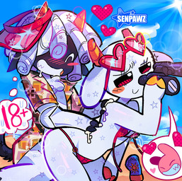 ambiguous_gender anthro beach bikini blush clothing female heart_symbol hooves horn male swimwear two-piece_swimsuit white_body senpawz bunny_maloney bunny_maloney_(character) charlotte_(bm) bovid caprine goat lagomorph leporid mammal rabbit character_request hi_res