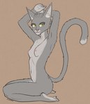 anthro areola breasts countershading eyebrows female female_anthro fur grey_body grey_fur hands_behind_head kneeling looking_at_viewer multicolored_body multicolored_fur navel nipples nude plantigrade side_view simple_background small_breasts smile solo tail yellow_eyes johndoe8771 sylvania_(johndoe8771) felid feline mammal colored digital_drawing_(artwork) digital_media_(artwork) hi_res