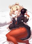 bed blonde_hair blush bodily_fluids breasts butt clothing female furniture hair holding_object looking_at_viewer on_bed open_mouth pan pillow scared shirt solo sweat topwear mecha_(alswp) arknights hypergryph studio_montagne gummy_(arknights) animal_humanoid bear humanoid mammal mammal_humanoid ursid_humanoid 2020 absurd_res hi_res