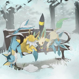 ambiguous_gender bench blue_body brown_eyes eyes_closed featureless_crotch feral fur grass grey_body group lying pawpads paws plant red_sclera scratching sleeping snow standing_on_another tail tan_body tan_fur tongue tongue_out tree winter yellow_body yellow_fur fishburi nintendo pokemon eeveelution generation_1_pokemon generation_2_pokemon generation_4_pokemon glaceon jolteon leafeon pokemon_(species) umbreon vaporeon 1:1 2026 absurd_res hi_res