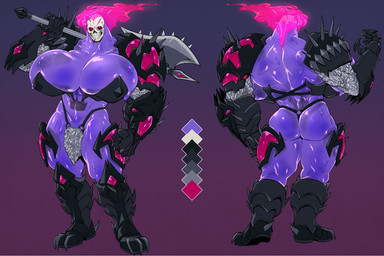 armor axe big_breasts bikini bikini_armor bone boots breasts chainmail chainmail_bikini clothing crown crystal female fire flaming_hair footwear gauntlets gloves hair handwear headgear mature_female muscular muscular_female nipples pink_hair pseudo_hair purple_body shoes skull skull_head solo spikes swimwear translucent translucent_body two-piece_swimsuit unconvincing_armor cosmicdanger xylax_(homura) humanoid monster 2024 hi_res model_sheet