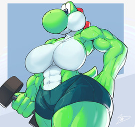 abs anthro anthrofied big_breasts bottomwear breasts clothed clothing exercise featureless_breasts female huge_thighs muscular muscular_female muscular_thighs shorts solo thick_thighs topless topless_anthro topless_female workout dreamerknight mario_bros nintendo green_yoshi scalie yoshi 2023 absurd_res digital_media_(artwork) hi_res