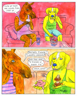 anthro blue_bottomwear blue_clothing blue_eyes blue_nose blue_shorts bottomwear breasts brown_body brown_fur clothed clothing coffee_table colored_nails denim denim_bottomwear denim_clothing denim_shorts dialogue dress duo female fingernails floppy_ears fully_clothed fur furniture green_clothing green_shirt green_tank_top green_topwear humanoid_hands nails on_sofa pink_clothing pink_dress purple_eyes red_fingernails red_nails shirt shorts sitting sitting_on_sofa sniffing snout sofa speech_bubble table tank_top text topwear water_glass whiskers yellow_body yellow_fur lisa_hanawalt canid canine canis deer domestic_dog mammal moose new_world_deer comic english_text hi_res traditional_media_(artwork)