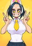 5_fingers big_breasts black_eyes black_hair blue_bottomwear blue_clothing blue_skirt bottomwear breasts clothed clothing double_v_sign ears_up excited eyebrows female fingers front_view gesture hair hand_gesture happy highlights_(coloring) inner_ear_fluff light_body light_skin navel_outline necktie open_mouth open_smile pink_inner_ear pleated_skirt rabbit_ears shirt simple_background skirt sleeveless_shirt smile solo sparkles star_eyes topwear tuft v_sign white_clothing white_ears white_eyebrows white_highlights white_inner_ear_fluff white_shirt white_topwear white_tuft yellow_background yellow_necktie yellow_star bongftah kuri_(bongftah) animal_humanoid humanoid lagomorph lagomorph_humanoid leporid_humanoid mammal mammal_humanoid rabbit_humanoid 2025 absurd_res colored digital_media_(artwork) digital_painting_(artwork) full-length_portrait half-length_portrait hi_res painting_(artwork) portrait