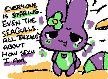 ambiguous_anthro ambiguous_gender anthro ball barefoot beach_ball biped black_eyes black_text blush chibi clothed clothed_ambiguous clothed_anthro clothing dialogue featureless_feet featureless_hands feet flower flower_on_head green_blush green_clothing green_swimwear inflatable looking_at_viewer monotone_body no_pupils one-piece_swimsuit open_mouth plant purple_body purple_ears purple_tail short_tail solo squigglevision standing swimwear tail text whiskers white_sclera ligma_(artist) doki_(dogisaga) lagomorph leporid mammal rabbit 2025 animated digital_media_(artwork) english_text flat_colors low_res wigglypaint_(artwork) female_(lore)