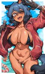 anthro big_breasts bikini blue_eyes blue_hair blush breasts clothing eyebrow_through_hair eyebrows eyelashes female fur genitals glistening glistening_breasts hair navel nipples one_eye_closed open_mouth orange_body orange_fur pubes pussy pussy_floss solo swimwear teeth thigh_gap tongue translucent translucent_hair two-piece_swimsuit iepelppa brand_new_animal studio_trigger michiru_kagemori canid canine mammal raccoon_dog tanuki 2024 absurd_res hi_res signature