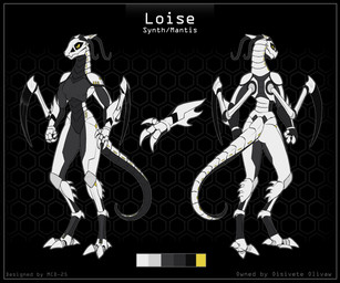 3_fingers 3_toes ambiguous_gender antennae_(anatomy) anthro biped black_background black_body black_border border breasts claws color_swatch digitigrade exoskeleton featureless_breasts featureless_crotch feet fingers front_view long_tail machine multicolored_body nude pattern_background rear_view simple_background solo spikes spikes_(anatomy) standing tail text toe_claws toes two_tone_body white_body yellow_eyes madcatzdrawings loise_(danjil_olivaw) android arthropod insect mantis robot synth_(vader-san) 6:5 absurd_res artist_name character_name english_text hi_res model_sheet female_(lore)