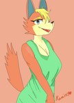 anthro blonde_hair breasts cleavage clothed clothed_anthro clothed_female clothing dress female female_anthro fur green_clothing green_dress hair open_mouth open_smile orange_body orange_fur orange_tail smile solo tail kamino1 animal_crossing nintendo audie_(animal_crossing) canid canine fox mammal 2025 half-length_portrait hi_res portrait