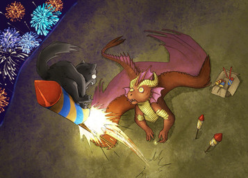 ambiguous_gender black_body black_fur box claws container duo fangs feral finger_claws fire fireworks frill_(anatomy) fur grass high-angle_view matchstick membrane_(anatomy) membranous_frill membranous_wings night orange_body orange_fur outside plant scales sky snout tail teeth toe_claws wings yellow_body yellow_eyes yellow_scales rivalmit european_mythology mythology akulatraxas domestic_cat dragon felid feline felis mammal mythological_creature mythological_scalie scalie western_dragon shaded