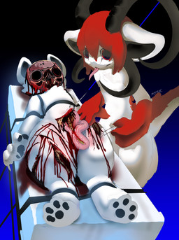 4_horns bdsm bed black_horn black_inner_ear black_pawpads blep blood blood_on_leg bodily_fluids bondage bone bound bovid_horn brain caprine_horn corpse death death_focus disembowelment exposed_bone exposed_skull fur furniture gloves_(marking) gore gradient_background guts hair horn horror_(theme) intestines kemono lacerations lying markings medical_instrument mouth_closed multi_horn on_back organs pawpads ram_horn red_body red_eyes red_fur red_hair red_hands red_tail scar scientific_instrument simple_background skull smile surgical_instrument surgical_operation tail text tongue tongue_out white_body white_ears white_fur white_tail wounded boxwater statera_(boxwater) bovid canid canine caprine demon goat mammal 2025 artist_name digital_media_(artwork) hi_res