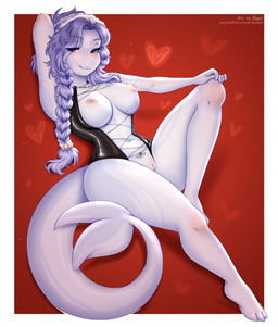 anthro areola big_breasts blue_eyes blue_hair blush body_blush braided_hair breasts clothing female genitals grey_body hair hand_behind_head hand_on_leg heart_symbol knee_blush latex latex_clothing latex_topwear looking_at_viewer navel nipples pink_areola pink_nipples small_waist smile solo tail topwear vulva vulva_blush sugarrrpeach aquatic beluga cetacean mammal monodontid toothed_whale colored digital_drawing_(artwork) digital_media_(artwork) full-length_portrait hi_res portrait shaded