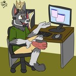 ankle_on_knee anthro antlers chair computer computer_keyboard computer_mouse desk electronics eye_scar facial_scar feet files foot_focus full_pad furniture headgear headphones headset horn keyboard male neck_tuft office_chair paws pink_soles plantigrade scar table talking_to_another tuft jd_puppy ra'deer cervine deer mammal 1:1 2015