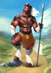 anthro bottomwear bulge chest_strap clothing hair harness hooves male male_anthro melee_weapon muscular muscular_anthro muscular_male nipples orange_bottomwear orange_clothing orange_skirt pecs polearm shirtless_anthro shirtless_male skirt solo spear straps vein veiny_arms veiny_muscles weapon satanic_monkey darius_lucullus_(theunscforces) equid equine horse mammal hi_res