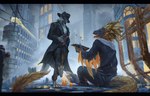alternative_fashion anthro city duo male male/male night steampunk town conditional_dnp latex_(artist) rainy dinosaur prehistoric_species reptile scalie hi_res