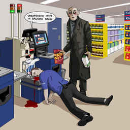 blood bodily_fluids bottle clothed clothing container corpse duo electronics fully_clothed inside jug male milk not_furry pale_skin pointy_ears self_checkout shelf shopping_bag snack speech_bubble standing supermarket text uniform victorian_clothing walkie-talkie wine_bottle jim'll_paint_it lays_(brand) nosferatu tesco count_orlok human humanoid mammal vampire english_description english_text hi_res