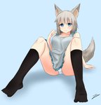 apron blue_eyes breasts camel_toe clothed clothing female footwear inner_ear_fluff legwear looking_at_viewer panties sitting socks solo tuft underwear nao_(artist) animal_humanoid canid canid_humanoid canine canine_humanoid humanoid mammal mammal_humanoid digital_media_(artwork) hi_res shaded