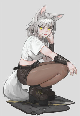 accessory armwear belt big_breasts boots bottomwear breasts clothing colored_nails crouching eyebrow_through_hair eyebrows female fingernails footwear green_eyes grey_hair hair hair_accessory hairclip legwear looking_at_viewer midriff nails navel platform_boots platform_footwear shirt shoes shorts simple_background smile solo stockings tail tongue tongue_out topwear translucent translucent_hair white_background white_clothing white_shirt white_topwear yellow_fingernails yellow_nails paintrfiend animal_humanoid cat_humanoid felid felid_humanoid feline feline_humanoid humanoid mammal mammal_humanoid 2024 digital_media_(artwork) hi_res