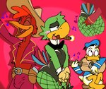 anthro blush bulge cigar clothing fishnet_clothing fishnet_legwear group guitar hand_on_butt hat headgear headwear legwear male male/male musical_instrument plucked_string_instrument string_instrument trio pb-art disney the_three_caballeros donald_duck jose_carioca panchito_pistoles anatid anseriform avian bird chicken duck galliform gallus_(genus) parrot phasianid hi_res