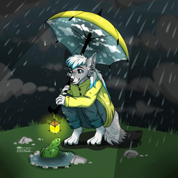 anthro clothing cloud coat happy kneeling lamp lantern male nature protecting puddle raincoat raining smile solo topwear umbrella sting_12 dante_kinkade amphibian canid canine canis frog mammal wolf 1:1 hi_res