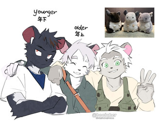 anthro black_body black_fur black_hair clothed clothing collared_shirt earbuds electronics eyes_closed fur green_eyes grey_body grey_fur grey_hair group hair headphones jacket kemono male multicolored_body multicolored_fur orange_eyes photo_reference plushie pose shirt text topwear trio two_tone_body two_tone_fur v-neck white_body white_fur white_hair booiaher junqui_(booiaher) chinchilla chinchillid mammal rodent 2025 english_text hi_res japanese_text reference_image brother_(lore) brothers_(lore) sibling_(lore)
