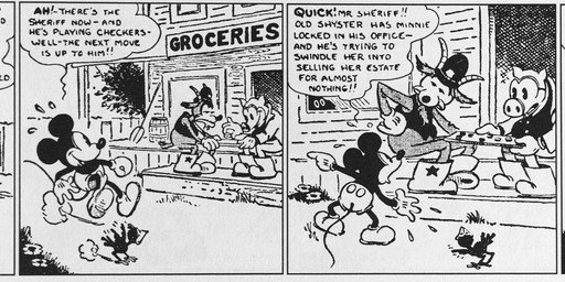 4_fingers anthro beard boots bottomwear clothed clothing dialogue facial_hair feral fingers footwear fur gloves group handwear hat headgear headwear horn male open_mouth outside pants running shoes text walt_disney_(artist) win_smith disney public_domain mickey_mouse sheriff_bill_goat avian bird bovid caprine domestic_pig goat mammal mouse murid murine rodent suid suine sus_(pig) 1930 20th_century absurd_res ancient_art black_and_white comic english_text hi_res monochrome signature