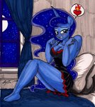 2017 anthro anthrofied bed bedroom big_breasts blue_body blue_eyes blue_fur blue_hair blush breasts clothing equid equine ethereal_hair female flowing_mane flowing_tail friendship_is_magic full_moon fur furniture hair hasbro hi_res horn in_heat long_legs looking_at_viewer mammal mane moon my_little_pony mythological_creature mythological_equine mythology newyorkx3 night nightgown plantigrade princess princess_luna_(mlp) pseudo_hair purple_hair royalty signature solo text traditional_media_(artwork) window winged_unicorn wings