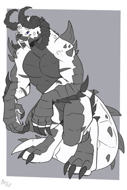 4_horns anthro arm_spikes biped black_body black_nose blue_eyes claws digitigrade fangs horn male multi_horn multicolored_body sabertooth_(anatomy) shoulder_spikes simple_background smile solo spiked_tail spikes spikes_(anatomy) standing tail teeth toe_claws two_tone_body white_body fuf fallout microsoft deathclaw scalie 2020 2:3 hi_res