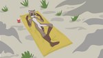 2014 anthro beach brown_body countershading eyebrows featureless_chest female flat_chested flufdustbunny genitals gloves_(marking) leg_markings lying mammal markings nude pookie_(flufdustbunny) procyonid pussy raccoon socks_(marking) solo tagme tail yellow_eyes