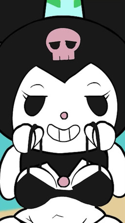 animated_background anthro beach bikini black_bikini black_clothing black_swimwear clothing clothing_pull day detailed_background female front_view looking_at_viewer music outside palm_tree plant smile solo standing swimwear tree two-piece_swimsuit water killrabs onegai_my_melody sanrio kuromi demon lagomorph leporid mammal rabbit animated long_playtime sound video