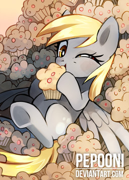 cutie_mark female feral food hooves looking_at_viewer muffin one_eye_closed quadruped solo underhoof wings wink pepooni friendship_is_magic hasbro my_little_pony mythology derpy_hooves_(mlp) equid equine mammal mythological_creature mythological_equine pegasus 2015 digital_media_(artwork) signature