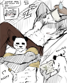 abs anthro dialogue furniture lying male muscular muscular_anthro muscular_male on_back reading removing_shirt shirtless shirtless_anthro shirtless_male sleeping sofa speech_bubble grizzeek beastars gouhin_(beastars) legoshi_(beastars) bear canid canine canis giant_panda mammal wolf