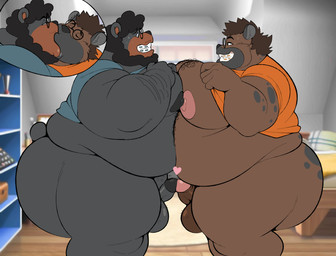 anthro balls beard belly big_belly big_butt big_nipples body_hair bottomless bottomless_anthro bottomless_male braces breasts brown_body brown_fur brown_hair butt circumcised clothed clothing duo eyewear facial_hair fur genitals glasses hair kiss_on_lips kissing male male/male moobs nerd nipples overweight overweight_anthro overweight_male penis penis_kissing pressing_against pressing_breasts_together side_view conditional_dnp erobos agent_rk steve_jovonovich bear hyena mammal spotted_hyena hi_res