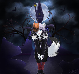 anthro bat_wings blue_eyes building clothing femboy food fruit holidays legwear looking_at_viewer male membrane_(anatomy) membranous_wings moon night plant pumpkin pumpkin_mask sky smile smirk solo thigh_highs tower tree wings samkit halloween kingdom_hearts square_enix sam_(samkit) domestic_cat felid feline felis mammal absurd_res hi_res