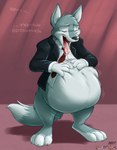 3_toes 4_fingers abdominal_bulge anthro belly belly_rub big_belly black_clothing black_suit black_suit_jacket bloated bodily_fluids bottomless bottomless_anthro bottomless_male clothed clothing collar collared_shirt cuff_(restraint) cuffs_to_collar feet fingers fully_inside fur grey_body grey_fur hand_on_belly hand_on_own_belly male mature_anthro mature_male motion_lines multicolored_body multicolored_fur necktie open_mouth oral_vore overweight overweight_anthro overweight_male pink_background red_necktie restraints saliva saliva_string shirt sighing simple_background solo suit suit_jacket talking_to_self text toes tongue tongue_out topwear two_tone_body two_tone_fur vore white_clothing white_shirt white_topwear scott_calico mr._smith_(scottc) canid canine canis mammal wolf 2017 artist_name