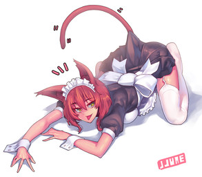 5_fingers all_fours bow_tie breasts clothing female fingers fur hair looking_at_viewer maid_uniform red_body red_fur red_hair shadow simple_background solo tongue tongue_out uniform white_background yellow_eyes jjune animal_humanoid cat_humanoid felid felid_humanoid feline feline_humanoid humanoid mammal mammal_humanoid 2015
