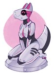 alternate_species anthro cybernetics female glistening glistening_body glowing glowing_eyes happy kneeling machine metallic_body pedestal simple_background solo pawberry grey_havens spiral_knights nyandroid cyborg gun_puppy hybrid robot hi_res