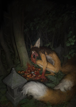 ambiguous_anthro ambiguous_gender anthro blood_orange_(fruit) creepy crouching detailed_background eating eating_food flash_photography forest forest_background fur grass messy nature nature_background night nude_anthro open_mouth orange_body orange_fur outside photorealism plant realistic sharp_teeth solo teeth tongue tongue_out tree white_body white_fur mayo_the_fox canid canine fox mammal hi_res