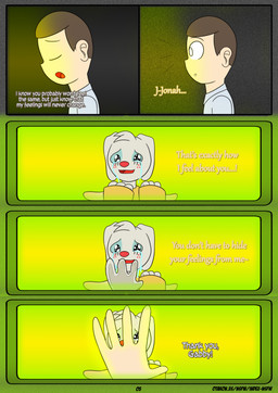 anthro bodily_fluids cartoon_freckles clothing crying dialogue duo eyelashes female freckled_face freckles hand_on_hand long_eyelashes male male/female robe robe_only tears tears_of_joy text otakon_(artist) angel_hare the_east_patch angel_gabby jonah_whitman angel human lagomorph leporid mammal rabbit comic english_text hi_res