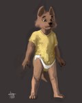 anthro brown_background brown_body brown_fur clean_diaper clothed clothing diaper fur male onesie open_onesie simple_background solo standing surprised toddler wearing_diaper young young_anthro young_male jameswebert canid canine canis domestic_dog mammal 4:5 hi_res