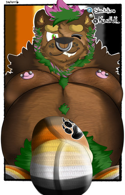 anthro bulge clothing green_hair hair lgbt_pride male nipple_piercing nipples piercing pride pride_color_background pride_color_clothing pride_color_flag pride_colors simple_background solo sharkokuma lgbt_pride_month bear humanoid hybrid mammal hi_res