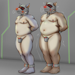 anthro bdsm chastity_cage chastity_device collar cuff_(restraint) drone duo hands_behind_back hypnotic_helmet male navel nipple_piercing nipple_ring nipples nude overweight piercing restraints ring_piercing shackles shaking simple_background slave slightly_chubby solid_chastity_cage three-quarter_view jackboot_ihi canid canine canis domestic_dog mammal 1:1 absurd_res alternate_version_at_source hi_res