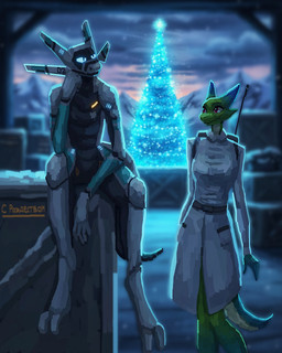 antenna_wire anthro blue_body blue_eyes blue_light box breasts butt claws clothed clothing cloud coat container darkness door doorway duo female fingers green_body holidays horn lab_coat laboratory laboratory_equipment landing machine male male/female mountain nude science science_fiction scientific_instrument sitting sky smile snow snowing standing sunset tail tall text topwear visor visor_eyes white_body wide_hips anonymous_artist christmas mythology hofi_(hofi_peak) hue_(character) android dragon kobold mythological_creature mythological_scalie robot scalie synth_(vader-san) hi_res