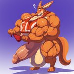 anthro balls big_balls big_muscles big_pecs big_penis bodily_fluids bottomless clothed clothing erection fur genitals green_eyes holding_object huge_balls huge_muscles huge_pecs huge_penis humanoid_genitalia humanoid_penis hyper hyper_balls hyper_genitalia hyper_muscles hyper_pecs hyper_penis male muscular muscular_anthro muscular_male nipples orange_body orange_fur pecs penis pink_penis plantigrade shirt solo standing sweat topwear underwear bobert buckley_(foxen) kangaroo macropod mammal marsupial 1:1 2020 hi_res