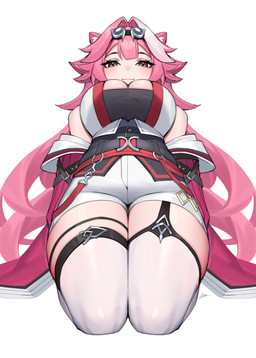 armwear belt big_breasts black_belt black_clothing bottomwear breasts clothing curvy_figure eyewear eyewear_on_head female glasses glasses_on_head hair legwear low-angle_view pink_armwear pink_clothing pink_hair red_belt shorts solo thick_thighs thigh_highs voluptuous voluptuous_female white_bottomwear white_clothing white_legwear white_shorts white_thigh_highs wide_hips yellow_eyes dasdokter hololive hololive_en vtuber raora_panthera animal_humanoid humanoid hi_res