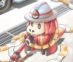 ambiguous_gender armor biped clothed clothing detailed_background feral firefighter hard_hat headgear helmet red_body solo standing mk_mukiguri nintendo pokemon fuecoco generation_9_pokemon pokemon_(species) 2022