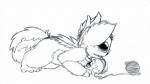 all_fours bell chasing collar fluffy fluffy_tail male playing_with_yarn side_view solo string tail petrock disney lilo_and_stitch fan_character ovni alien experiment_(lilo_and_stitch) black_and_white graphite_(artwork) monochrome traditional_media_(artwork)